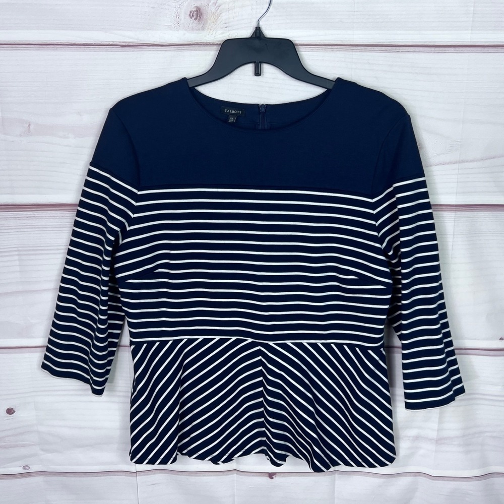Talbots Top Womens XL Blue Striped Blouse Peplum 3/4 Sleeve Knit Cotton Blend
